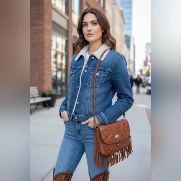LEVI'S Denim Jacket Sherpa Woman's Sz XS Blue Short Cropped Fleece Jean Western - Picture 5 of 16